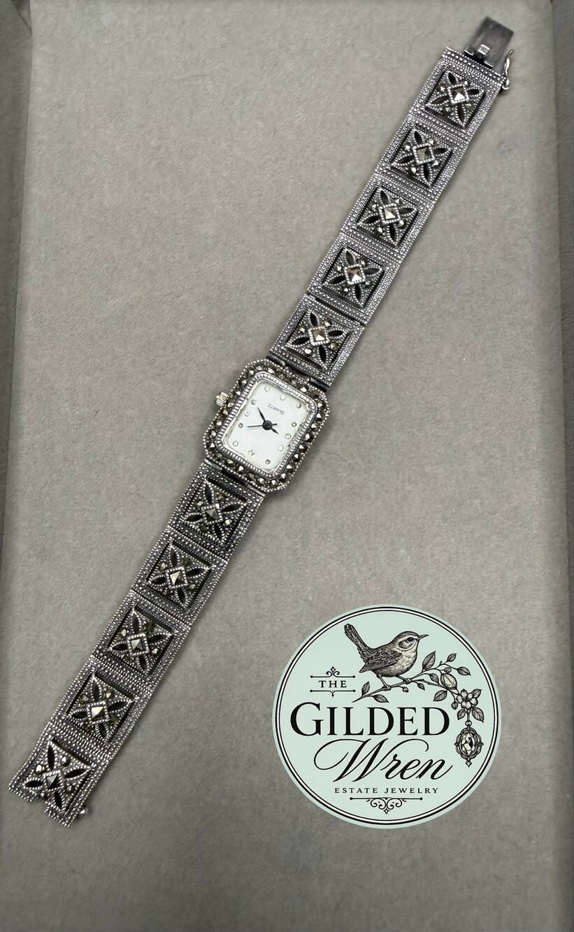 925 Sterling Silver Quartz Bracelet Watch 7โ Ornate Square Link 34.99g